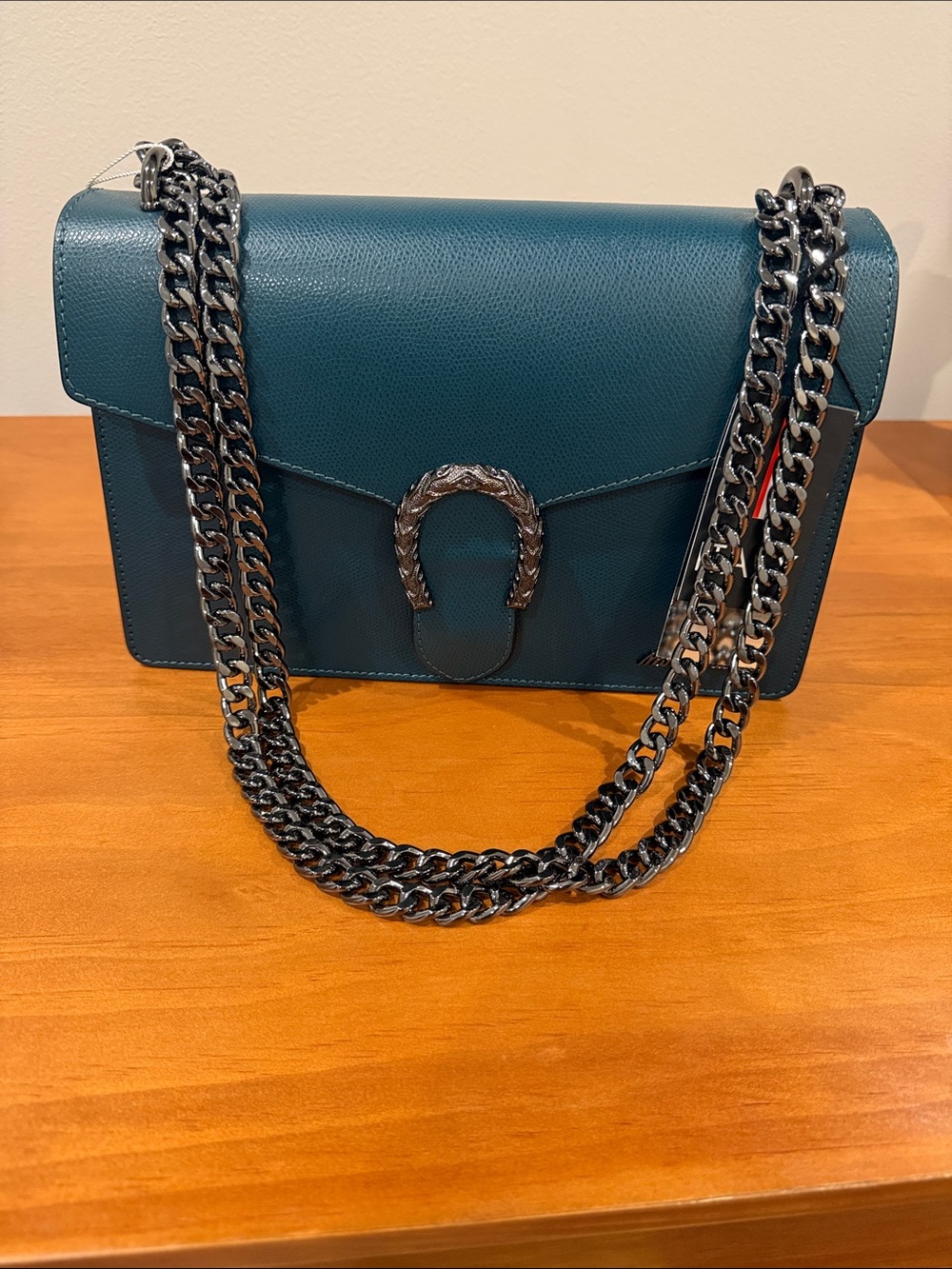 Designer Teal Leather Shoulder Bag with Chain Strap